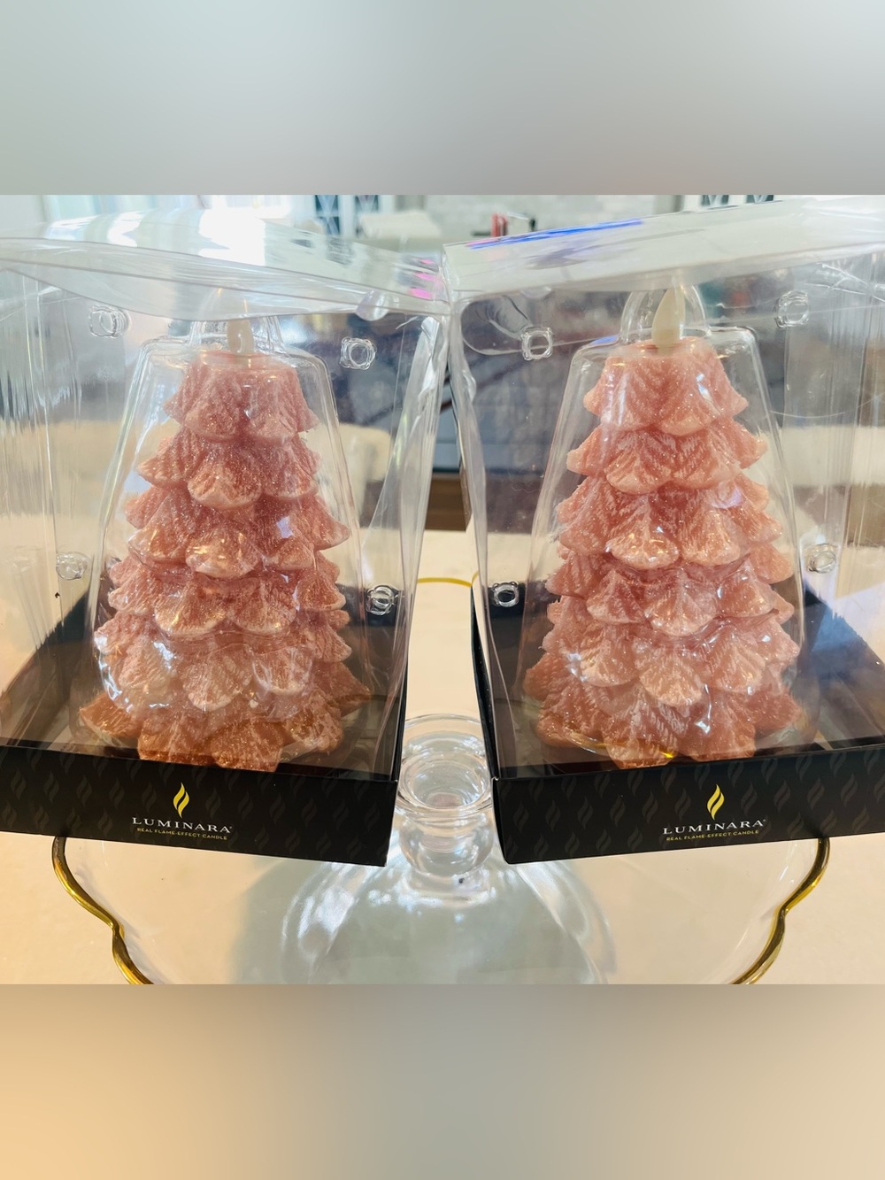2 Luminara pink Christmas tree candles